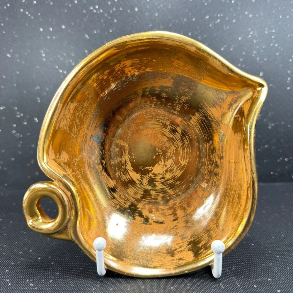 Stangl Pottery Granada Gold Hand Painted Ceramic Leaf Bowl Ring Handle 3787 7in